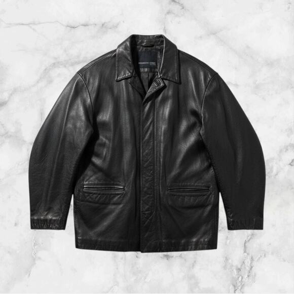 Vintage KENNETH COLE Mens Genuine Leather Coat Jacket Black Large Classic Grunge - Picture 1 of 12